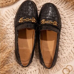 Circus by Sam Edelman Black Croc-Embossed Loafers with Gold Accent